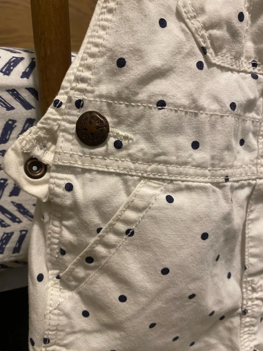 OshKosh B'gosh Cream Short Polka Dot Overalls with Navy Dots